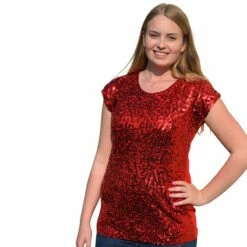 Pailletten Top Ronde Hals Rood