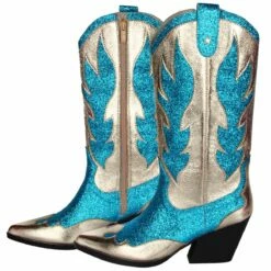 Luxe Cowboy Laarzen Goud/Turquoise Glitter -FeestFabriek Verkoop pwhlaars turq 3gr